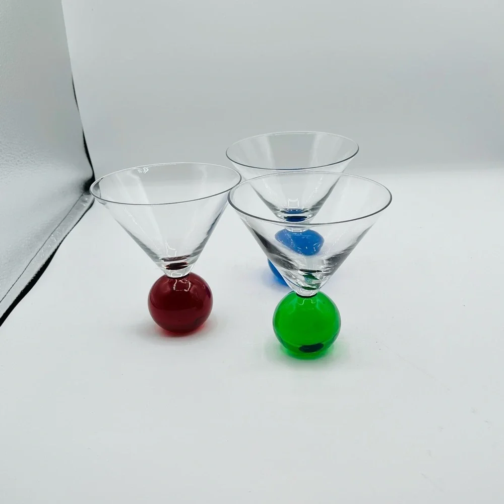 Set of 3 Cocktail Glasses with Red, Blue, and Green Ball Bases